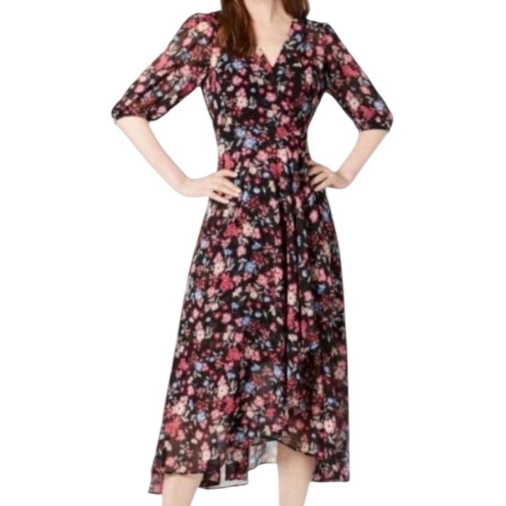 Calvin Klein Womens Black Floral Faux Wrap Midi Dress Puff Sleeve Sz 12 Feminine